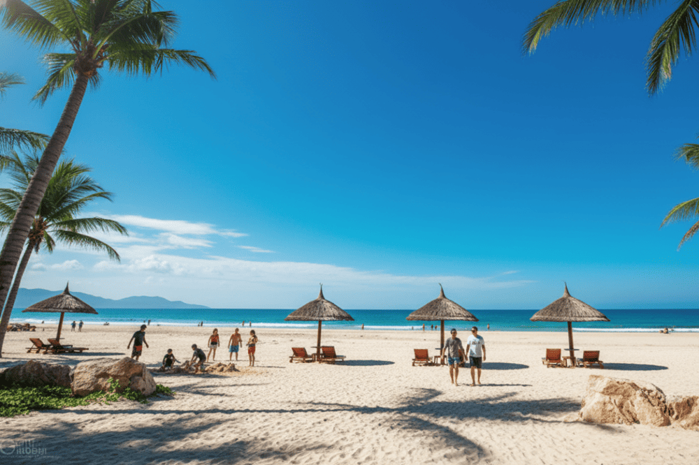 Bãi cát rộng, trắng mịn rất thích hợp để nằm phơi nắng, ngắm cảnh biển.